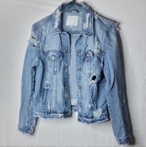 Trafaluc Brand Distressed Light Blue Denim Jacket